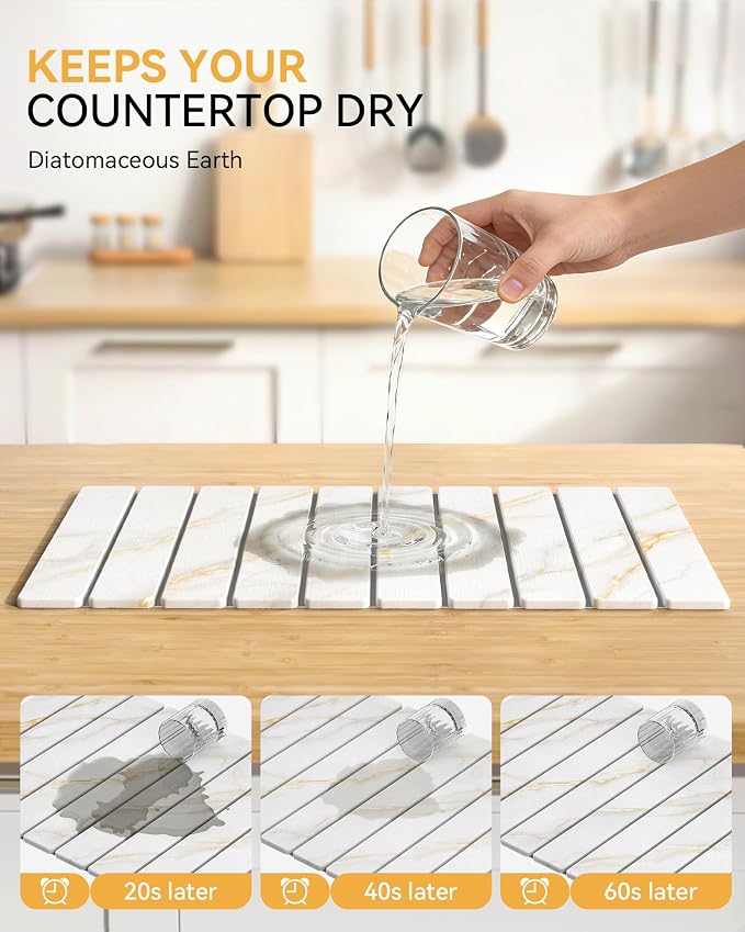 Yofidra Large Stone Dish Drying Mat for Kitchen Counter, Quick Dry Stone Mats with Absorbent Diatomaceous Earth, Foldable Roll Up Drying Organizer Pad for Utensils Plate, 24"×16", White Gold Marble