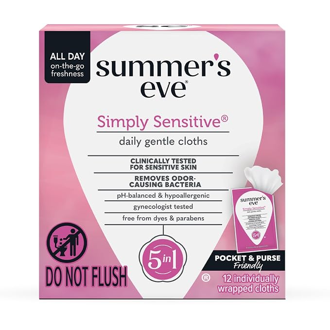 Summer's Eve Simply Sensitive Feminine Wipes, Gentle pH-Balanced Micellar Water Based Formula Helps Control Vaginal Odor, Individually Wrapped Wipes, 12 Count