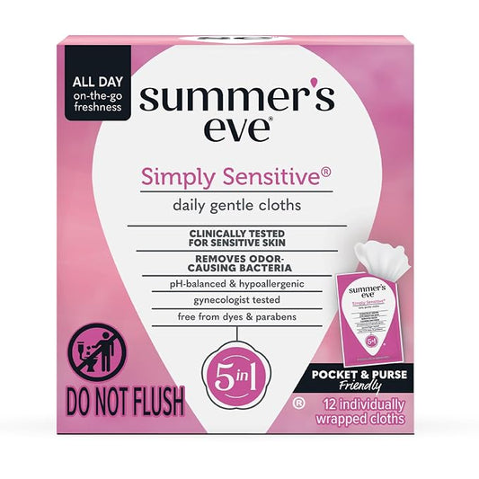 Summer's Eve Simply Sensitive Feminine Wipes, Gentle pH-Balanced Micellar Water Based Formula Helps Control Vaginal Odor, Individually Wrapped Wipes, 12 Count