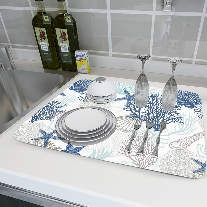 Summer Navy Blue Coral Beach Starfish Dish Drying Mat 18×24 Inch | Polyester，Absorbent Microfiber，for Kitchen Coffee Dining Bar Decor