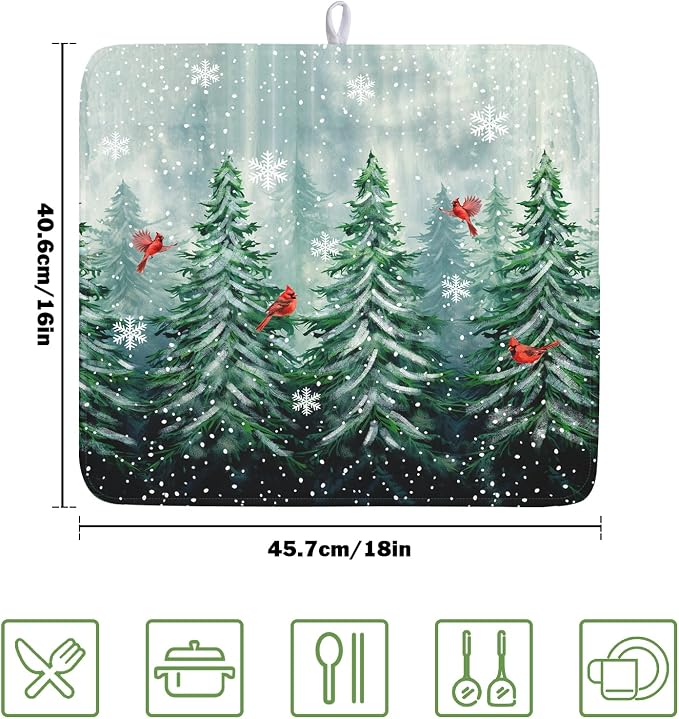 Welcome Winter Pines Tree Dish Drying Mat, Winter Snowflake Dish Drying Mat for Kitchen Counter, Red Birds Absorbent Fast Dry Dish Drainer Mat Protector Xmas Microfiber Dish Drying Pad 16"x18"