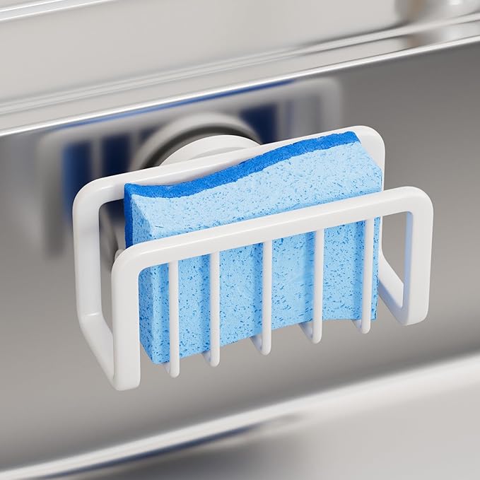 TAILI Sink Caddy with Strong Suction Cup, Sponge Holder for Kitchen Sink Oganizer, Removable Rustproof Aluminum Sponge Holder, Dish Brush for Scraper - White