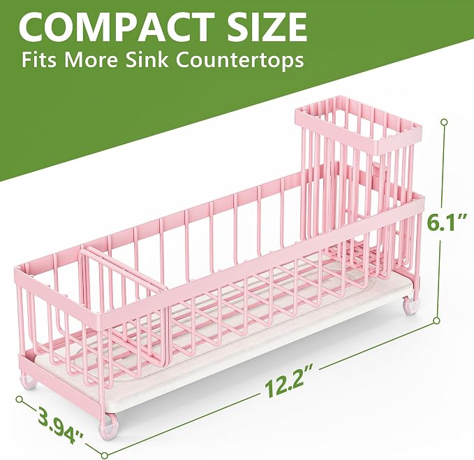 Cisily Extra Large Sink Caddy Organizer with Drying Stone, Pink Sponge Holder for Kitchen, Dish Brush Holder for Countertop, Kitchen Decor Storage and Essentials