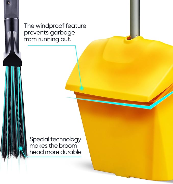 Yocada Commercial Broom and Dustpan Set with Windproof Cover 2 Plus 1 | Commercial Outdoor Indoor for Courtyard Garage Lobby Mall Market Floor Home Kitchen Room Office Pet Hair Rubbish