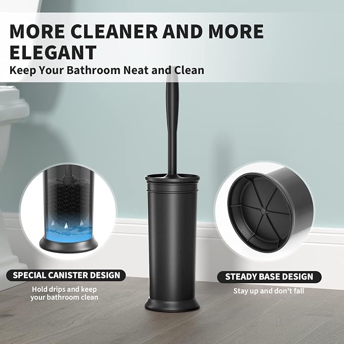 Toilet Brush, Toilet Bowl Brush with Extra Long Handle Durable Bristles Toilet Scrubber and Covered Holder for Toilet Brush Set for Bathroom Cleaning (Black, 1 Set)