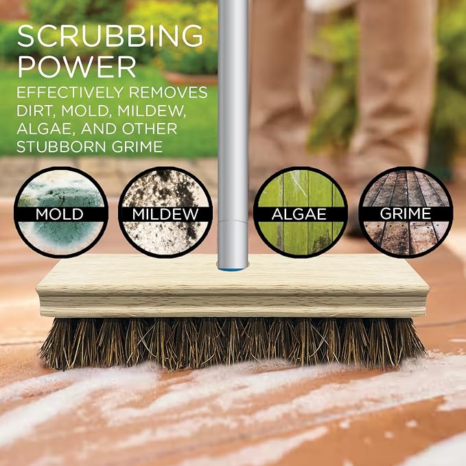 LOLA Deck Scrub Brush, 9" x 3.5" Head w/Palmyra Bristles for Outdoor Cleaning, Removes Dirt & Grime from Patios, Decks, Grout, 1 Count