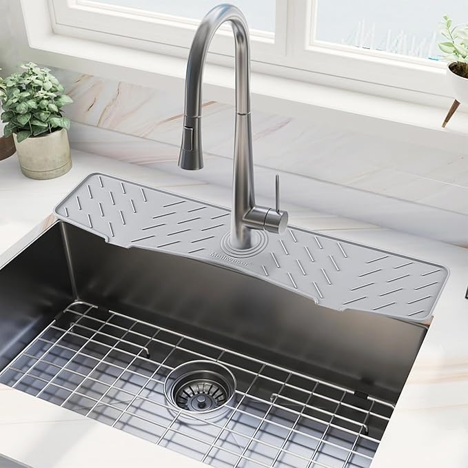 Faucet Mat for Kitchen Sink – 24” x 5.1” Extra-Long Silicone Splash Guard with 10° Slope & Upgraded Drainage – Gen 3 Sink Water Catcher & Sponge Holder for Kitchen, Bathroom (Gray)