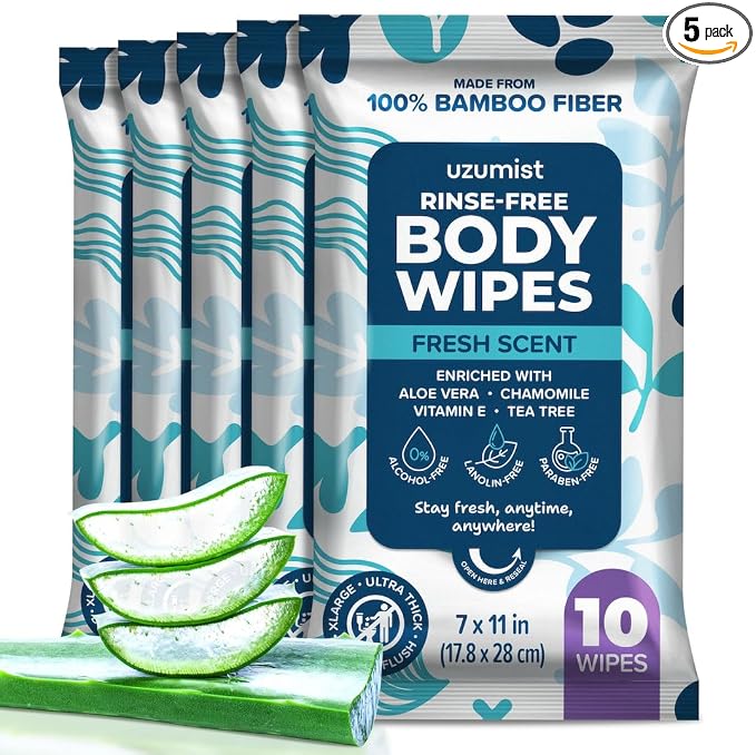 Body Wipes For Adults Bathing No Rinse - 50XL Thick Shower Wipes For Adults No Rinse, 5 Packs of 10 Adult Wipes for Men, Women, Personal Cleansing, Daily Hygiene, Bedridden & Elderly Care, Travel