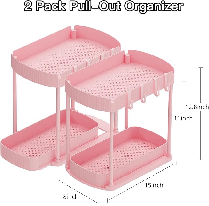 Ukeetap 2 Pack Multi-Purpose Pull-Out Storage Organizers, Under Sink & Cabinet Organizers, 12.8 Inch Pink