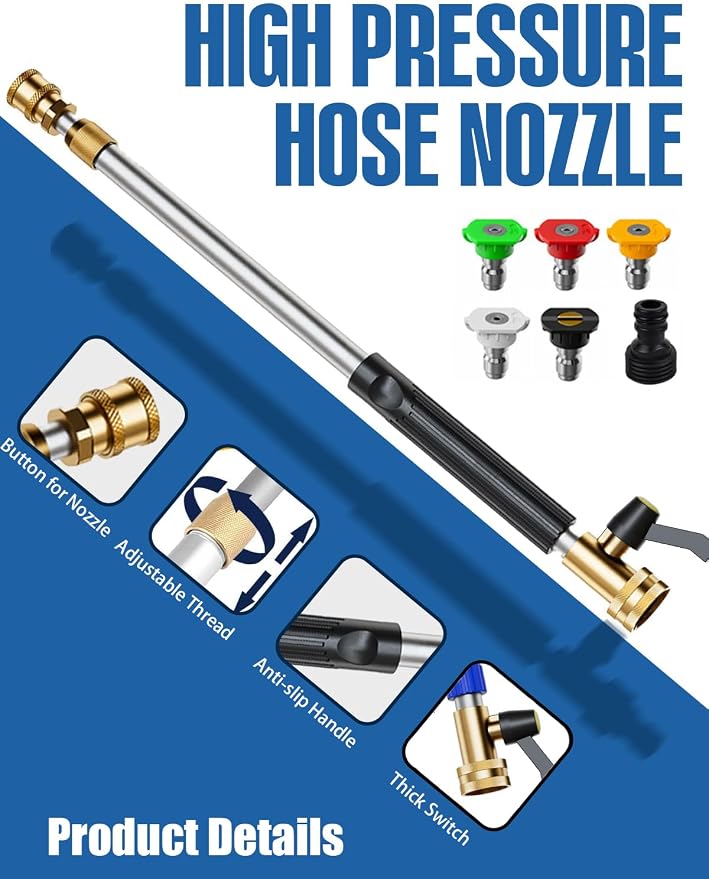 Adjustable Jet Nozzle High Pressure Hose Nozzle, 18-33” Hydro Nozzle Wands | | for Garden Hose with 5 Nozzles & Hose Quick Connectors, Extended Power Washer Wand for Patio, Car, Window, Black
