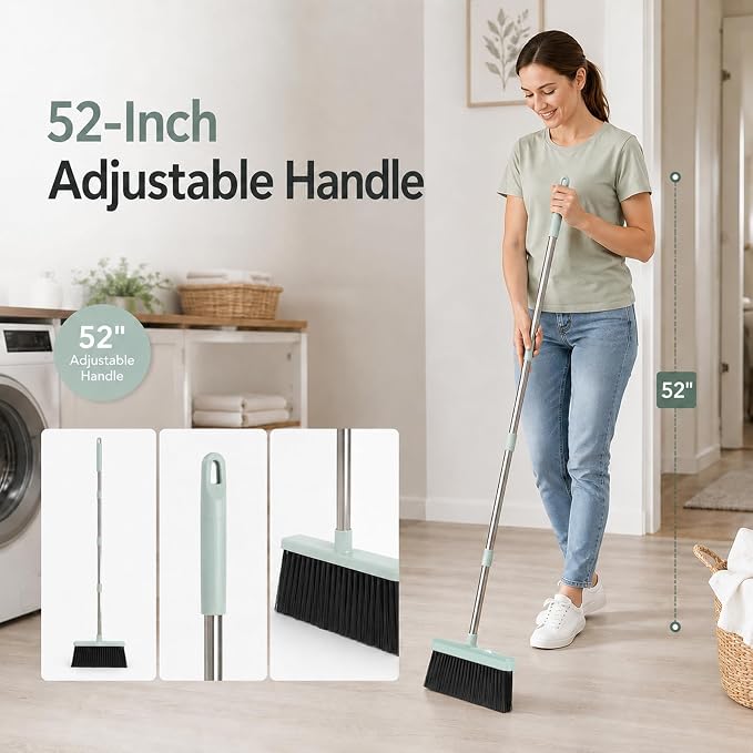 Broom and Dustpan Set, 52-Inch Long Handle, Comb Teeth, Green | Comb teeth help sweep pet hair, dust and crumbs on hard floors