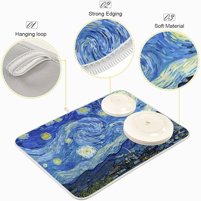 Absorbent Dish Drying Mat for Kitchen Counter - Van Gogh's Starry Sky Blue Microfiber Drying Pad, Reversible Drainer Mats for Countertop, Small 16 x 18 inch