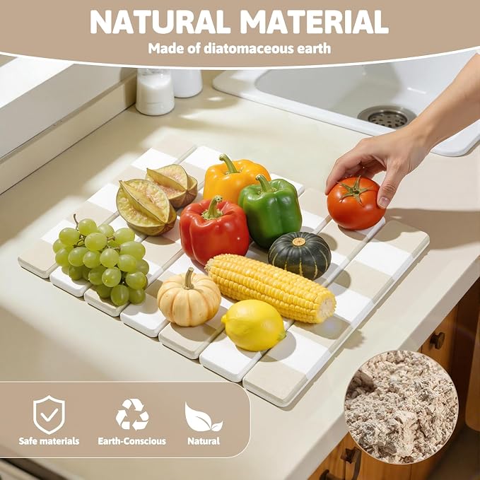 Yamaziot Stone Drying Mat for Kitchen Counter, 16"x12" Small Foldable Ultra Absorbent Stone Drying Mat, Quick-Dry Diatomaceous Earth Mat, Non-Slip Heat Resistant Mat for Dishes, Cups, Bottles, Beige