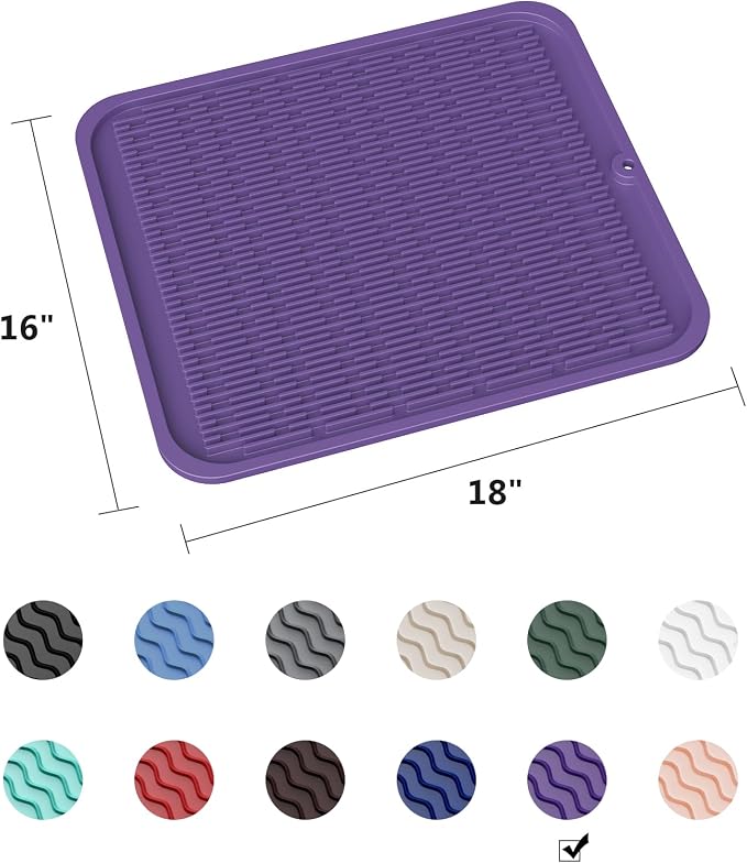 ZLR Heavy-Duty Silicone Dish Drying Mat (16" x 18" / 401 x 455mm) - XL Family-Size Thick 4mm Drainboard for Pots, Pans & Heavy Cookware - Oversized Trivet & Counter Protector, Non-Slip (Meadow Violet)