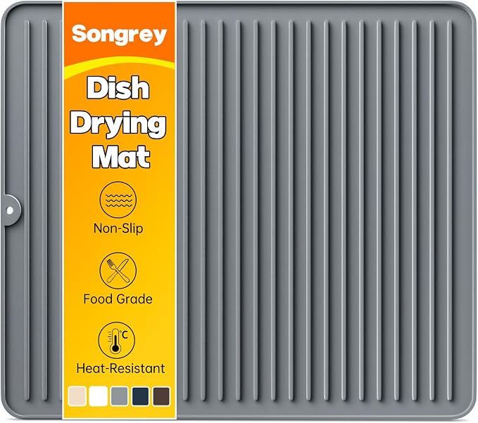 Songrey 18" x 16" Silicone Dish Drying Mat, Kitchen Counter Drying Pad for Sink Dishes or Under Rack, Multi-Use as Heat Resistant Trivet, Coffee Bar Mat