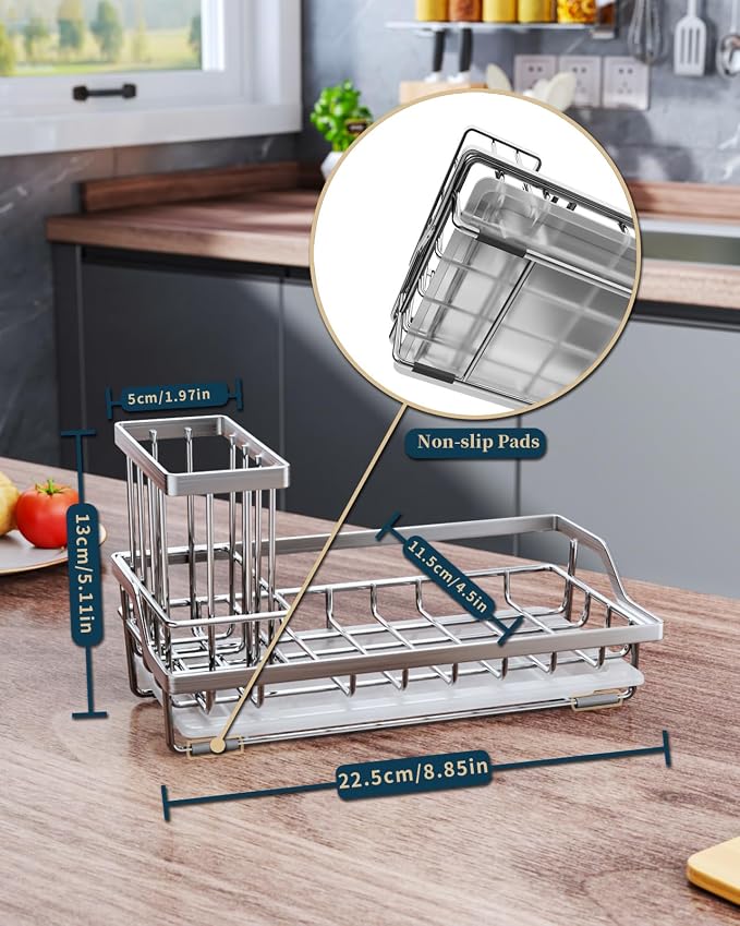 Consumest Sink Caddy, Kitchen Sponge Holder with Dish Brush Holder, Kitchen Sink Organizer with Drip Tray for Countertop Stainless Steel Rustproof, Silver-Large