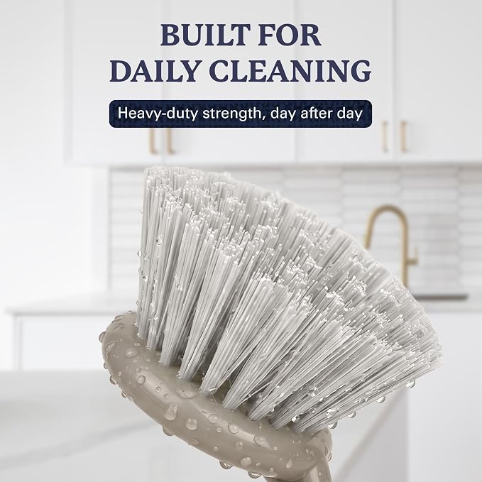 Farberware Dish Brush with Handle, 2 Pack, Firm Bristles | Kitchen scrub brush and dish scrubber removes grease, reaches pot and pan edges, 9in, round head, soft-grip design