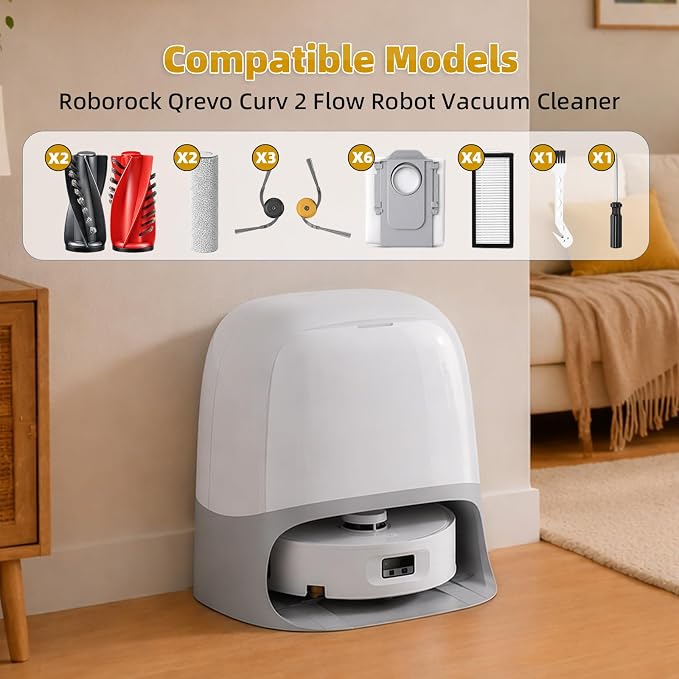 24 Pack Replacement Accessories for Roborock Qrevo Curv 2 Flow Robot Vacuum | 2 Pairs Main Brushes 2 Roller Mops 4 HEPA Filters 6 Side Brushes 6 Dust Bags 1 Cleaning Brush 1 Screwdriver