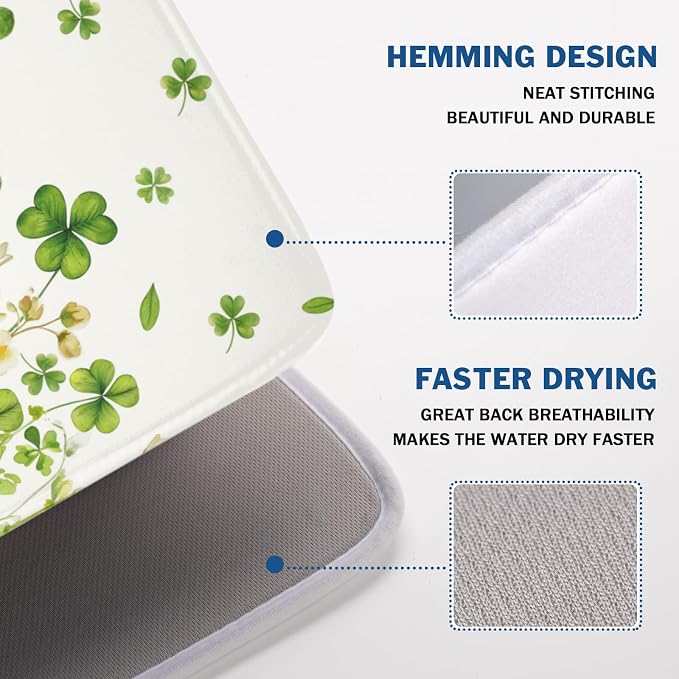 St Patrick's Day Green Clover Dish Drying Mat 18x24 Inch | Shamrock，Polyester，Absorbent Microfiber，for Kitchen Coffee Dining Bar Decor