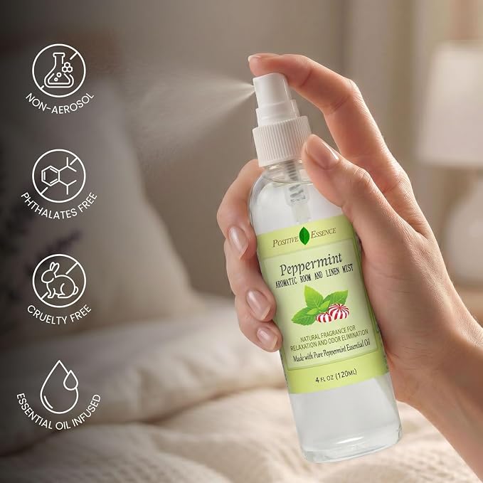 Peppermint Linen and Room Spray, Natural Pillow Mist, Made with Pure Peppermint Essential Oil, Home Fragrance for Relaxation, Bathroom Air Freshener Odor Eliminator