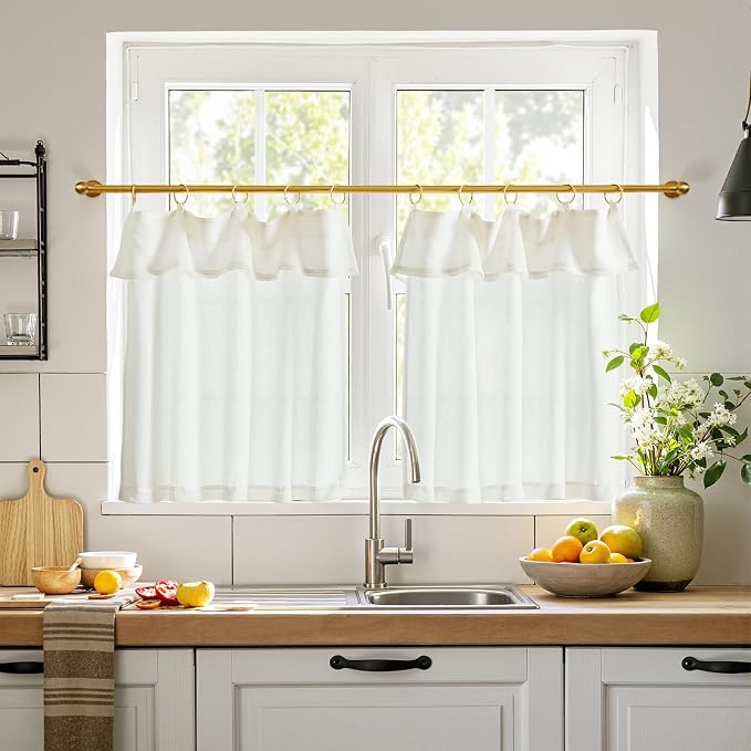 jinchan Linen Tier Kitchen Curtains, 30x24, 2 Panels, Beige White | Light filtering, rod pocket, farmhouse, small window decor, cafe style, machine washable, bathroom, laundry room, RV