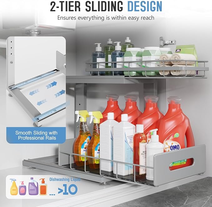 Under Sink Organizer Upgrade To Professional Rails,2-Tier Dual Pull Out Cabinet Storage,Height Adjustable Slide Out Drawers For Bathroom Kitchen,2 Pack-14.5"Dx12.8"-16.9"H,Gun Gray