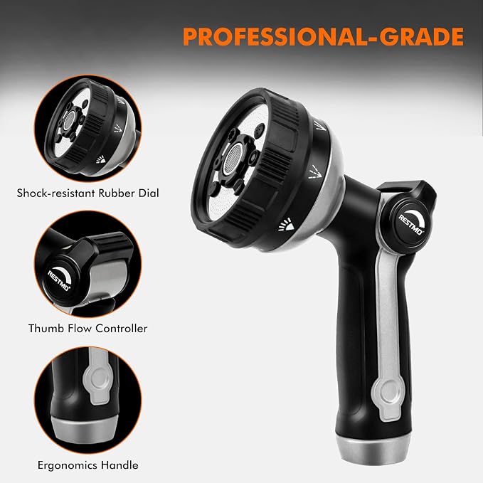 RESTMO Garden Hose Nozzle Heavy Duty, Metal Sprayer Nozzle Thumb Control | 8 Spray Patterns Full Shower Water Hose nozzle for Garden Hose, Ideal for Lawn & Plant Watering, Car & Pet Washing, Silver