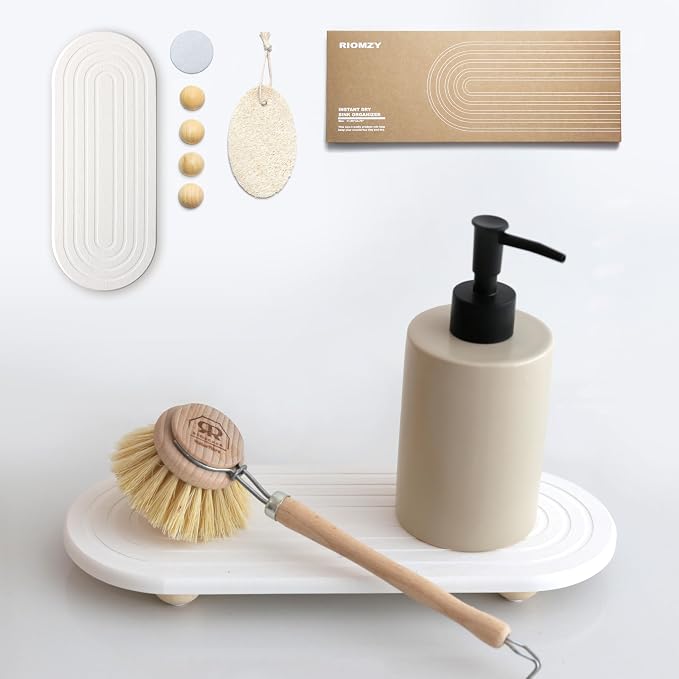 Instant Dry Sink Caddy Organizer – Water Absorbing Stone Tray for Kitchen Bathroom Countertop, Fast Drying Sink Caddy (with Wooden Feet and Natural Loofah, White)