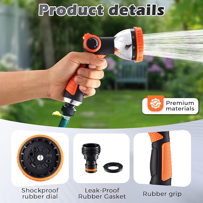 Garden Hose Nozzle High Pressure Leak Proof Spray Water Hose Nozzle Sprayer | Thumb Control 10 Spray Patterns On Off Valve Non-Slip Grip Hose Sprayer Nozzle for Plants & Lawns Watering,Car&Pet Washing