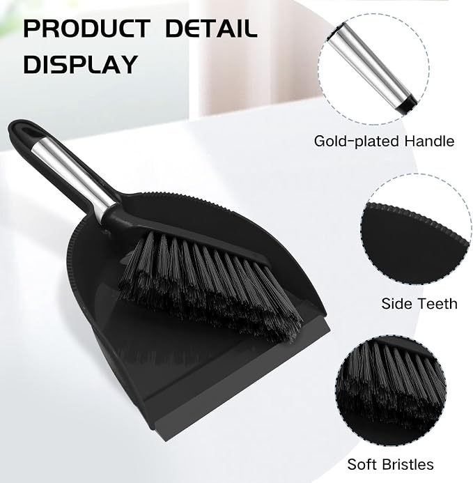 NACENA Mini Broom and Dustpan Set, Small Dust Pan and Brush Set, Black | Dust Pan and Brush Set with Handle Dustpan Teeth for Cleaning Hair Suitable for Office Desks Drawers Sofas Outdoor Camping