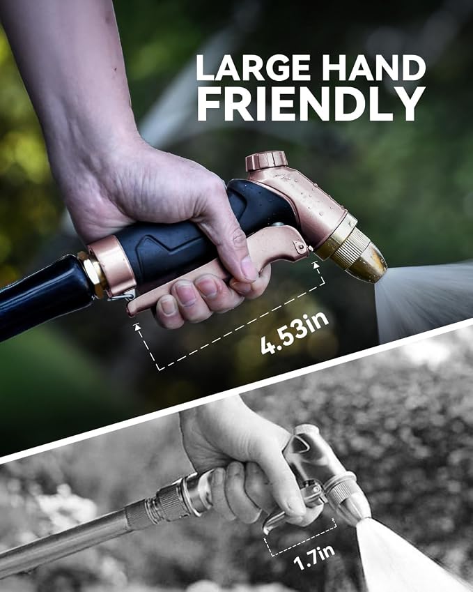 RAINPOINT Garden Hose Nozzle, 100% Heavy Duty Metal Hose Sprayer, High Pressure Water Hose Nozzle with Adjustable Spray Patterns and Flow Control for Watering Plants, Car Washing, Pet Washing, Brown