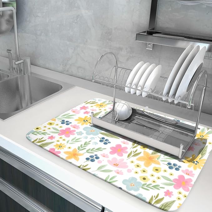 Spring Dish Drying Mat for Kitchen Counter Cute Floral Summer Holiday Microfiber Absorbent Dish Draining Reusable Washable Foldable Extra Large 18"x24"