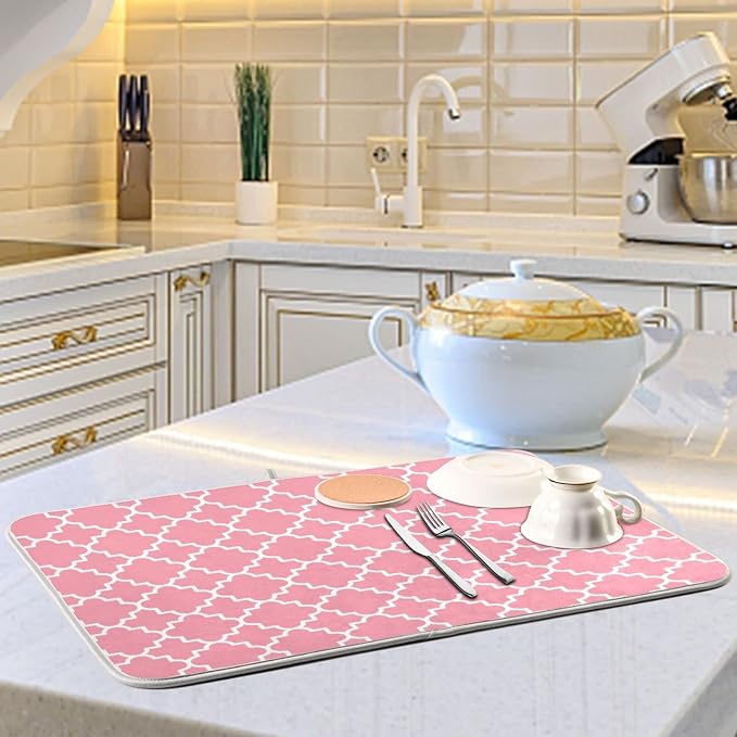 Super Absorbent Dish Drying Mat, Microfiber Fast-Drying Dish Mat, 24" x 18", Kitchen Dish Drying Pad, Pink Moroccan