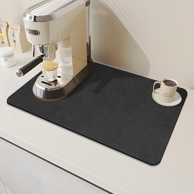 Findosom Dish Drying Mat, 12"x 20" Super Absorbent & Hide Stain Coffee Mat, Cuttable Drying Mat for Kitchen Counter, Coffee Bar Accessories, Under Dish Rack, Coffee Maker, Espresso Machine, Black-2