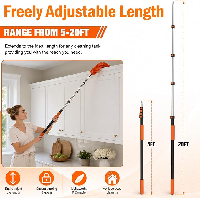 LAANPOLE 26FT High Reach Duster Cleaning Kit with Extension Pole, High Ceiling Fan Cleaner Duster Tool for Fan Blades, Window Washing Kit with Microfiber Feather Duster & Window Squeegee