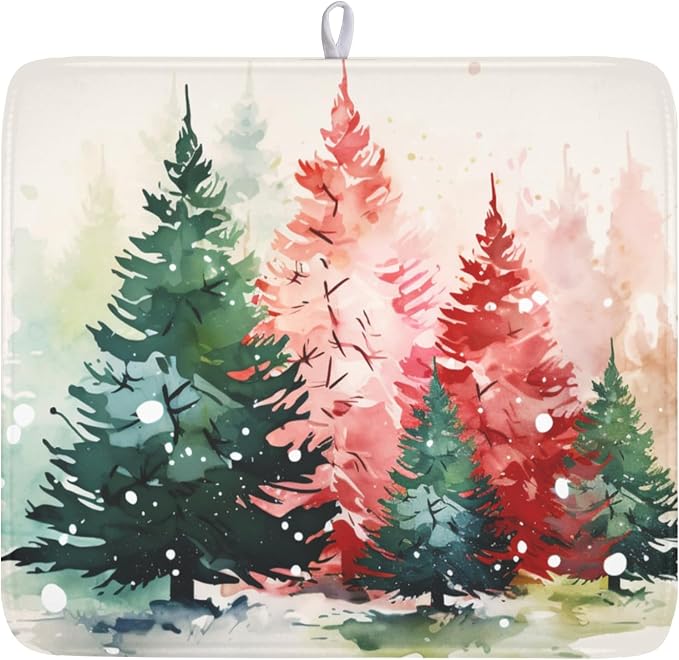 Christmas Dish Drying Mat for Kitchen Counter Xmas Theme Red Green Watercolor Trees Dish Drainer Mat Rustic Farmhouse Winter Holiday Absorbent Washable Drying Pad 16"x18"