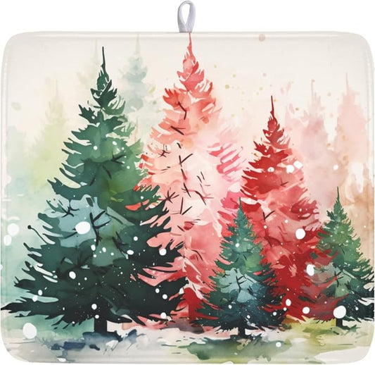 Christmas Dish Drying Mat for Kitchen Counter Xmas Theme Red Green Watercolor Trees Dish Drainer Mat Rustic Farmhouse Winter Holiday Absorbent Washable Drying Pad 16"x18"