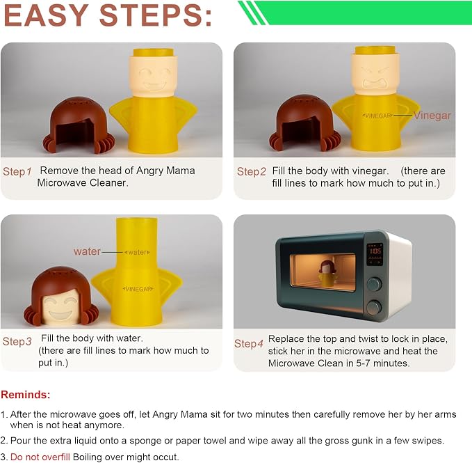 Asltw Angry Mama Microwave Oven Cleaner, Fast Action Steam Kitchen Gadget, Just Add Vinegar and Water (Yellow)