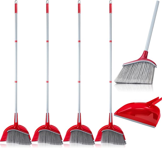 Meanplan 4 Pcs Angle Broom and Dustpan Combo Set for School Classroom 54'' Outdoor Indoor Cleaning Broom Commercial Broom with Step-on Dustpan for Home Kitchen Office Floor Dirt Dust Hair Cleaning