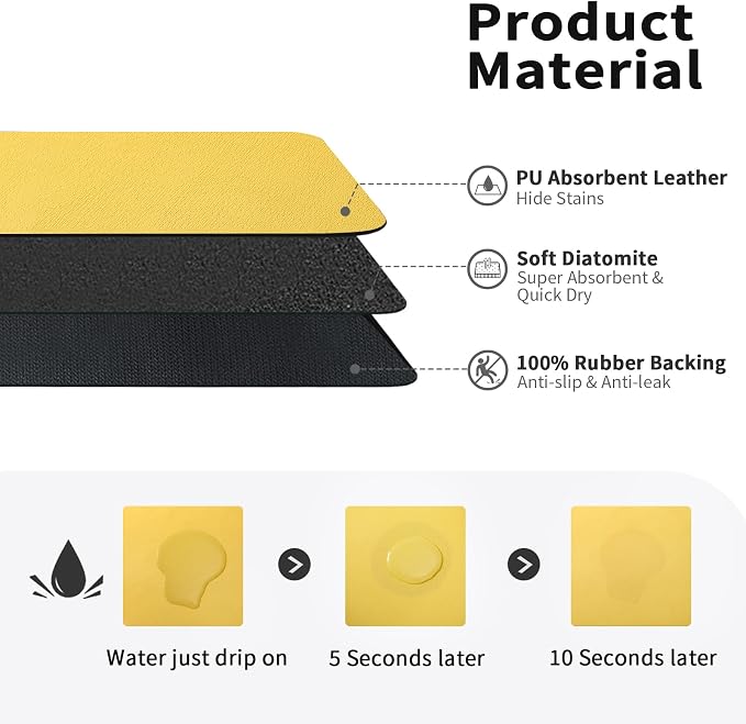 HotLive Dish Drying Mat for Kitchen Counter, Heat Resistant Drainer Mats with Non-slip Rubber Backed, Hide Stain Kitchen Super Absorbent Draining Mat, Easy to Clean Dish Rack Pad, Yellow 18"x28"