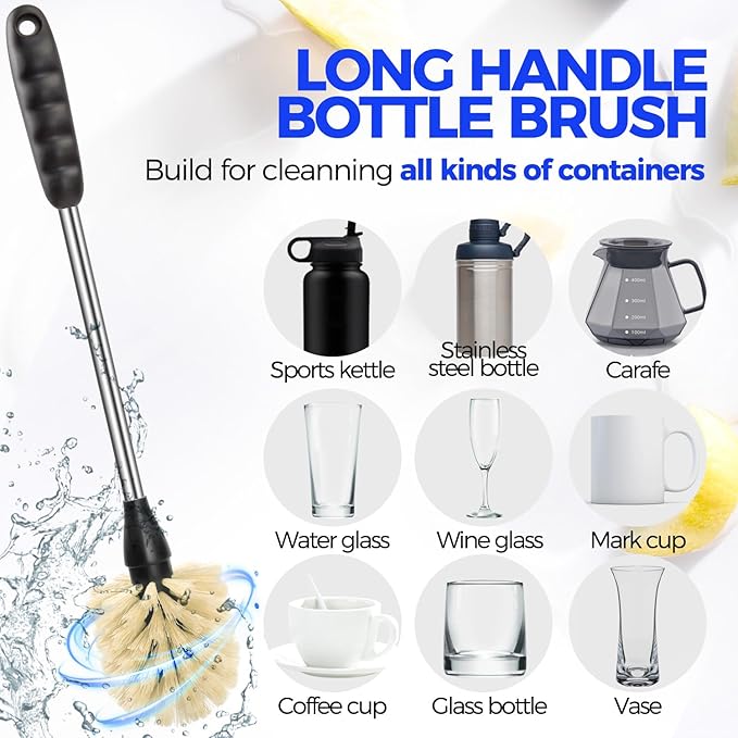 Holikme 6 Pack Bottle Brush Tube Set, 14" Long Handle Stainless Steel Bottle Cleaner Brush, 3 Straw Brushes, Portable 3-in-1 Bottle Cleaning Brush for Water Bottle Cups Baby Bottle Straws, Yellow