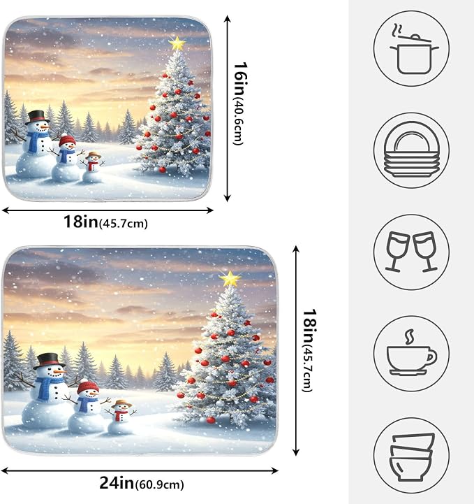 Christmas Tree and Snowman Dish Drying Mat for Kitchen Counter Absorbent Microfiber Large Winter Snowflakes Drying Pad Dish Mats for Kitchen Countertops 18 x 24 Inch