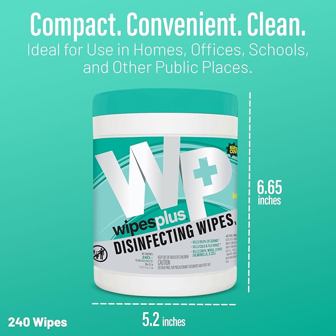 WIPESPLUS Disinfecting Surface Wipes Canister Bleach Free with Lemon Scent for Home and Business, 240 Count