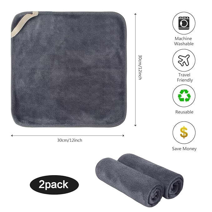 SINLAND Microfiber Facial Cloths Fast Drying Washcloth 12inch x 12inch Grey 2 pack