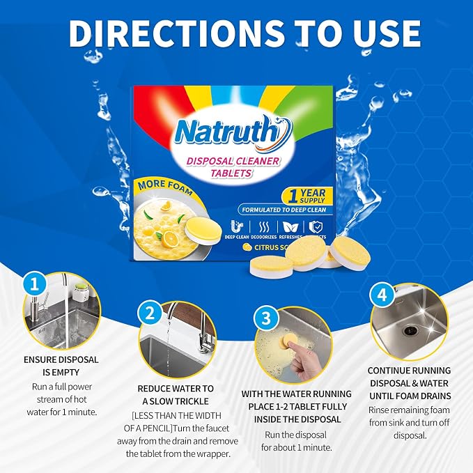 NATRUTH Garbage Disposal Cleaner Tablets - 24 Count - Lemon Scent - Removes Odor & Grease - Safe & Natural - Easy to Use - Deep Cleaning & Freshening - Septic Safe