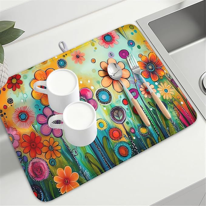 Abstract Colorful Floral Dish Drying Mat for Kitchen Counter Spring Summer Flower Microfiber Dish Drainer Mat Rustic Absorbent Washable Drying Pad Extra Large 18"x24"