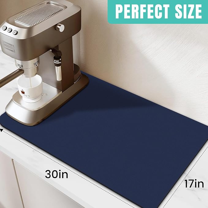 WISELIFE Coffee Mat Super Absorbent Dish Drying Mat Coffee Bar Accessories Large Drying Mats for Kitchen Counter 17" W x 30" L, Blue