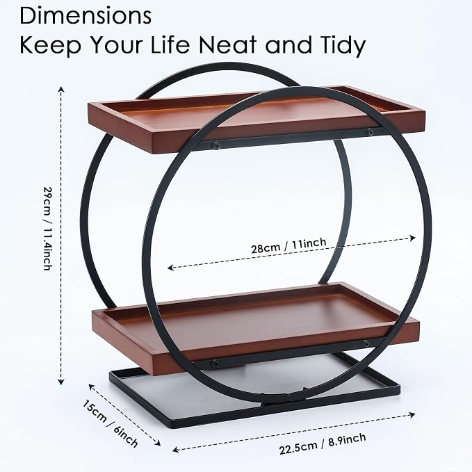 2-Tier Bathroom Counter Organizer, Wooden Perfume Organizer for Dresser, Bamboo Countertop Trays for Skincare Makeup Vanity Shelf, Organizers and Storage for Bathroom Kitchen, Black & Brown
