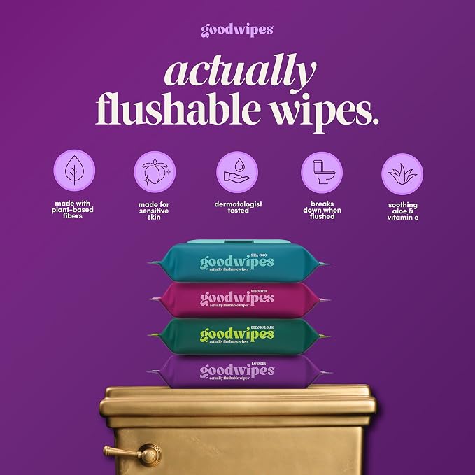goodwipes Flushable Wipes - Lavender Wet Wipes for Adults, Sewer & Septic Safe, Guest Bathroom Essentials for Women & Men, pH Balanced & Extra Large, 153 Count (3 Packs and 3 Singles)
