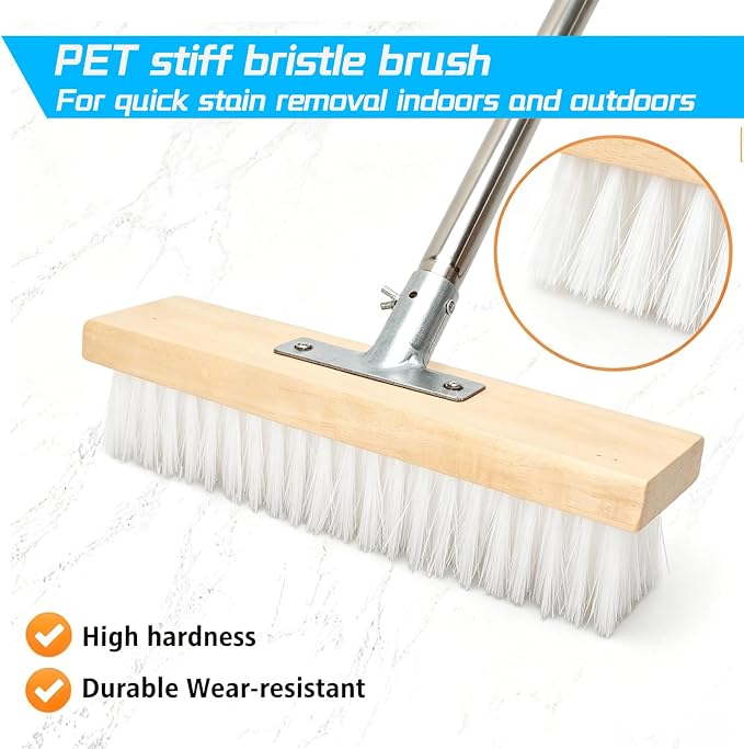 LINMAGOCO Stainless Steel Wire Scrub Brush with 63" Long Handle,12IN Outdoor Garden Broom, with a Wire Brush and a Soft Bristle Brush for Garden, Patio, Garage, Moss,Algae,Grime Remover